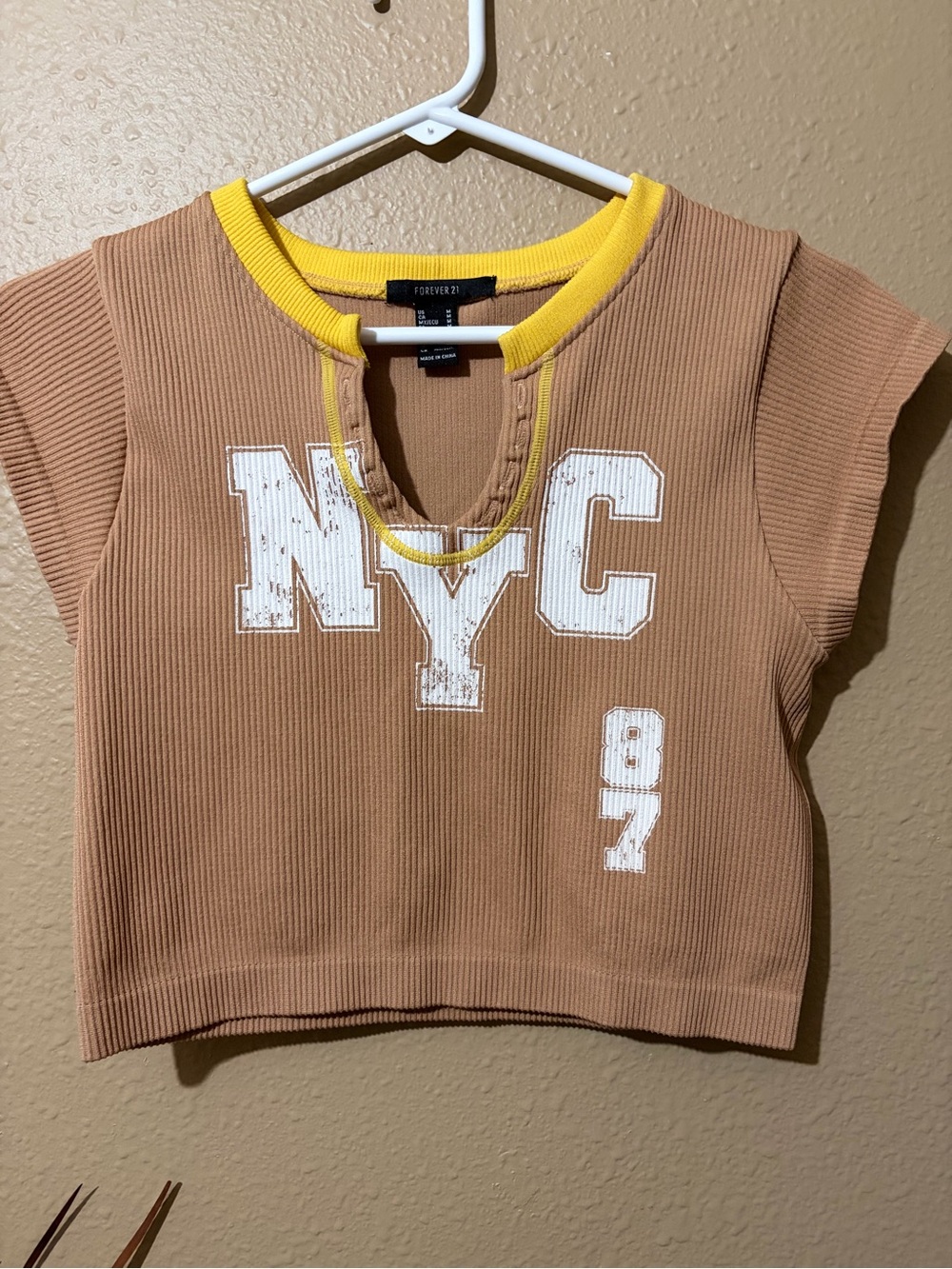 Forever 21 Tan Ribbed Crop Top with Yellow Trim
